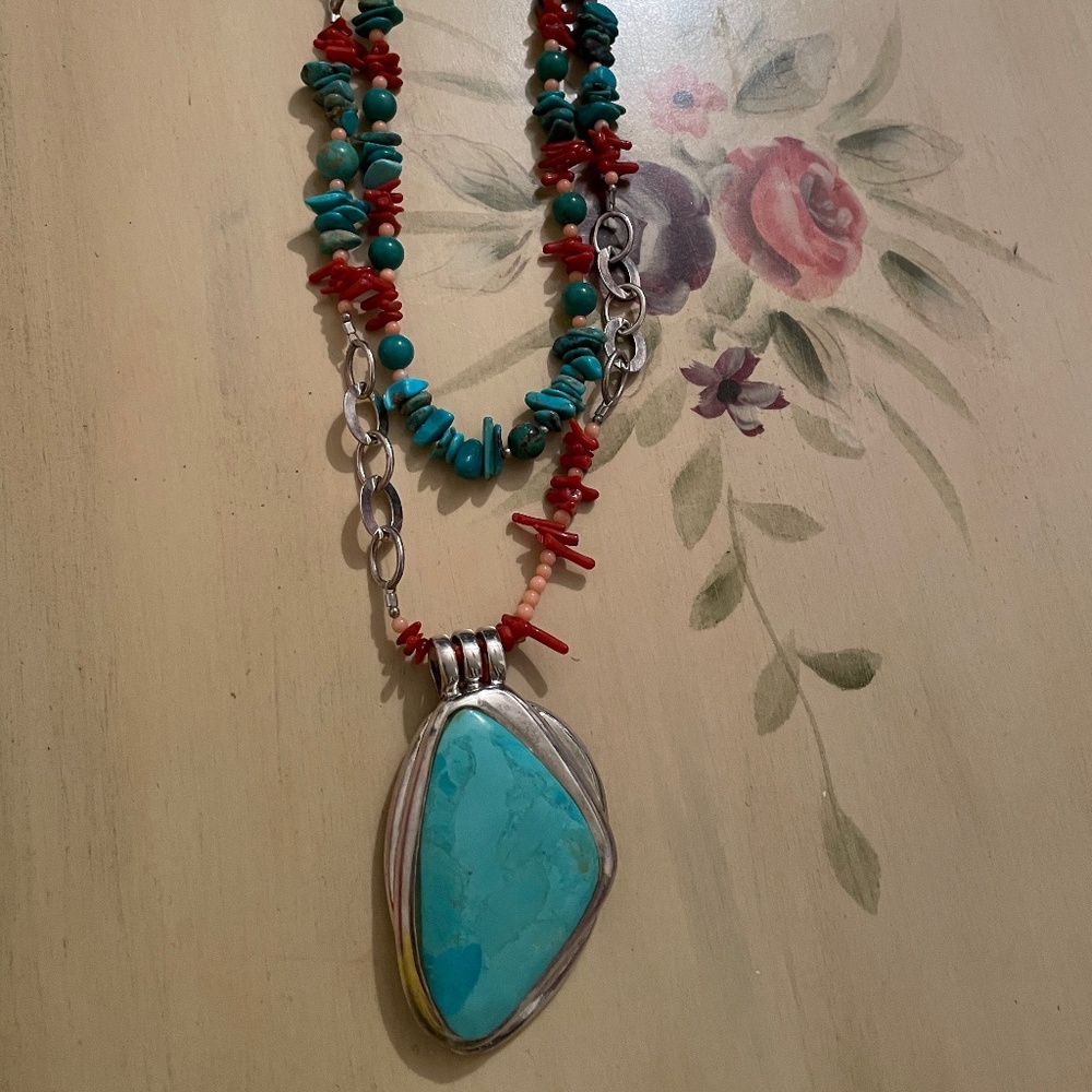 Barse Signed Turquoise & Red Coral Necklace Silver 925 Statement Necklace NWOT